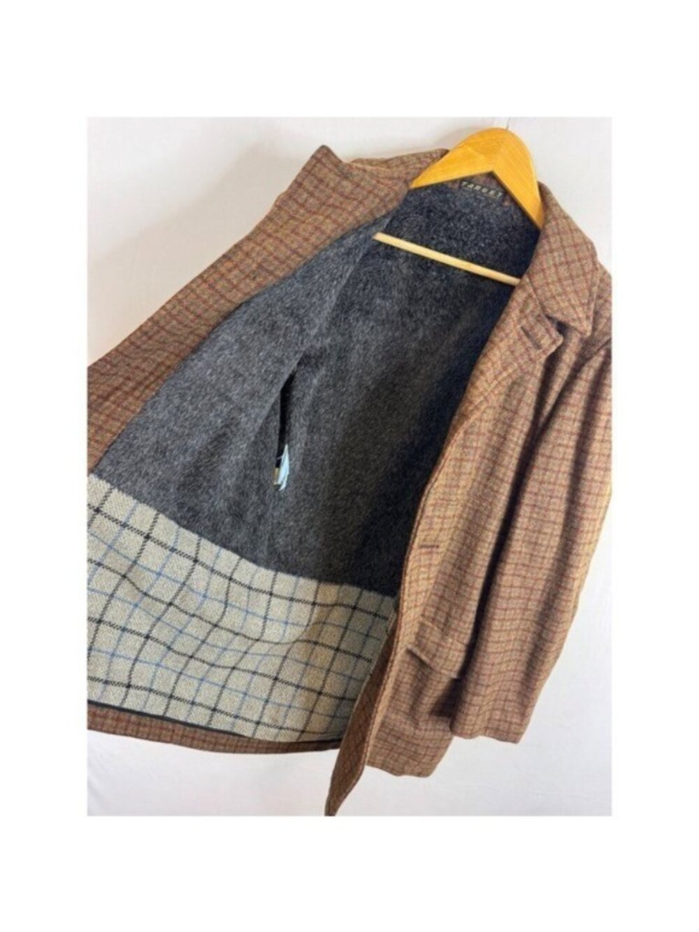 Vintage 70s Target Canada Brown Plaid Wool Orlon Pile Lined Car Coat Mens 38 - Picture 9 of 14